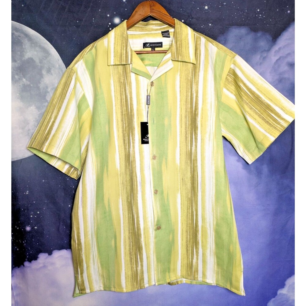 NWT Montique Olive Green Yellow Striped Button Down Shirt Size L Camp Western